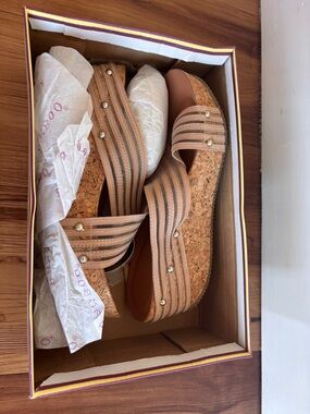 BAMBOO Tan Striped Cork Wedge Sandals with Gold Studs